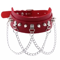 PU STUDDED COLLAR WITH CHAINS - RED