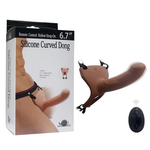 REMOTE CONTROL HOLLOW STRAP ON 6.7" SILICONE CURVED DONG FLESH