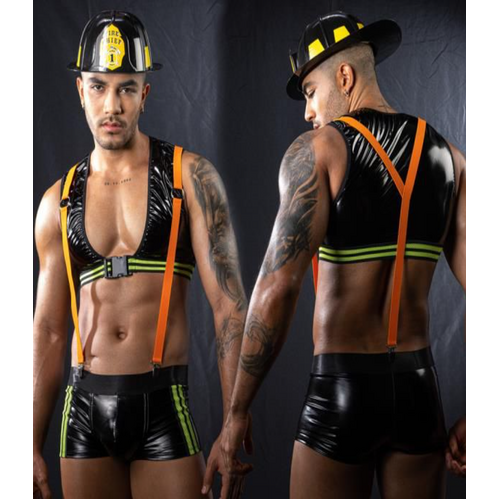 FIREMAN WITH ORANGE SUSPENDERS