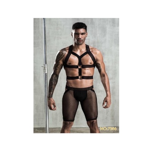 MEN'S BLACK ELASTIC HARNESS WITH MESH SHORTS