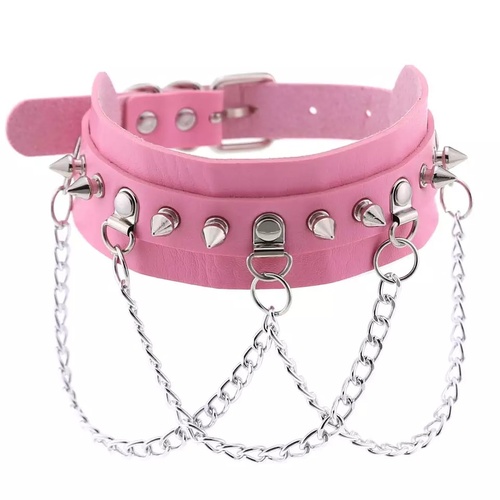 PU STUDDED COLLAR WITH CHAINS - PINK