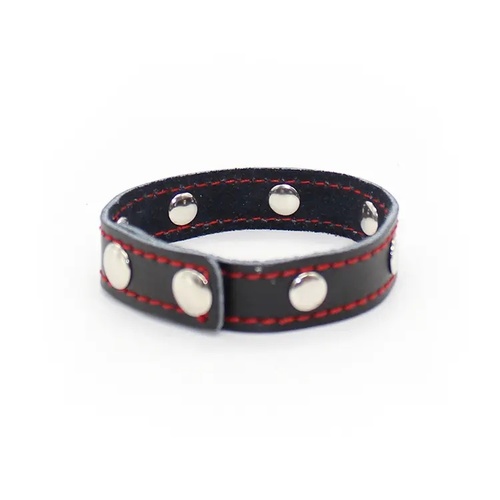 LEATHER ADJUSTABLE COCK RING (BLACK WITH RED STITCHING)