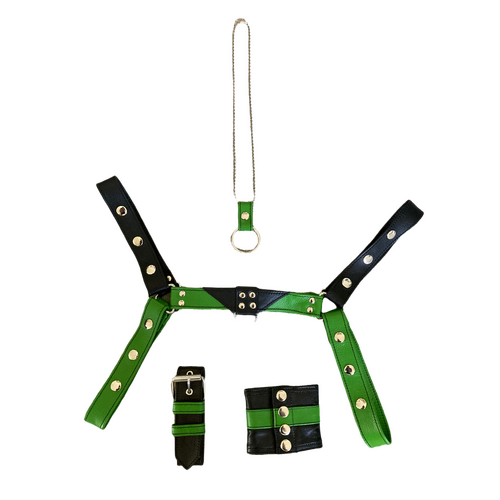 MENS LEATHER HARNESS SET MEDIUM BLACK-GREEN