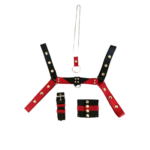 MENS LEATHER HARNESS SET MEDIUM BLACK-RED